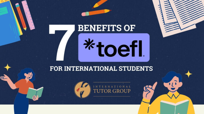 Illustration promoting 7 benefits of taking the TOEFL test for international students by International Tutor Group.